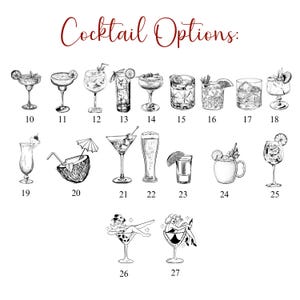 May include: A black and white illustration of 27 different cocktail drink options. The drinks are numbered 10 through 27.
