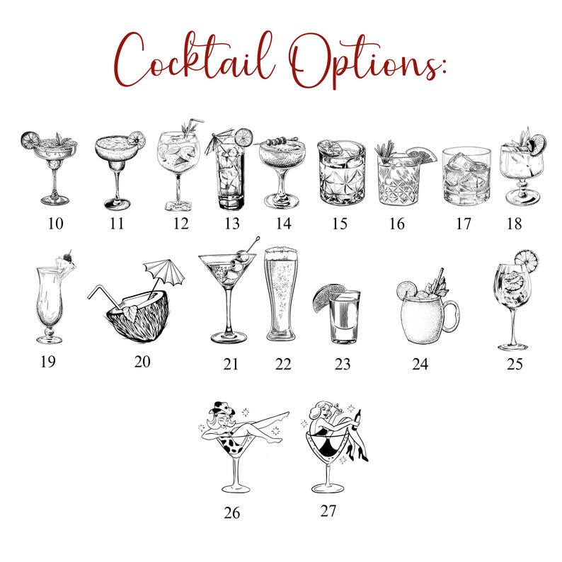 May include: A black and white illustration of 27 different cocktail drink options. The drinks are numbered 10 through 27.
