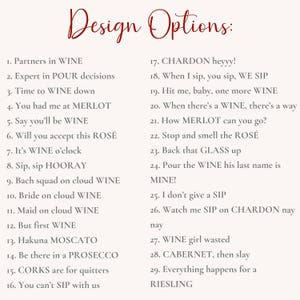 May include: A white background with black text listing 29 wine-related phrases. The text is in a handwritten font and includes phrases like "Partners in Wine", "Time to Wine Down", "When there's a Wine, there's a way", and "Everything happens for a Riesling".