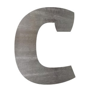 May include: A large, metallic letter "C" with a brushed metal finish. The capital letter is cut out, revealing a white background. The metal has a slightly textured appearance, with visible graining.