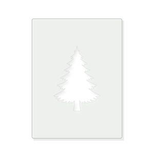 May include: A rectangular, semi-transparent stencil sheet featuring a centered, die-cut silhouette of a coniferous evergreen tree. The stencil has rounded corners and a smooth, flat surface, designed for creating a tree-shaped outline.