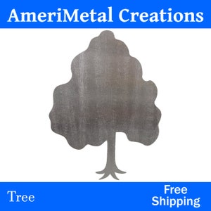 May include: A silver metal tree silhouette cutout. The tree has a rounded crown and a simple trunk with roots. The metal has a brushed finish.