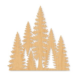 May include: A flat, light-colored wooden cutout featuring a detailed silhouette of a dense forest scene. The design consists of multiple evergreen trees of varying heights, layered to create a textured, intricate pattern with visible wood grain.