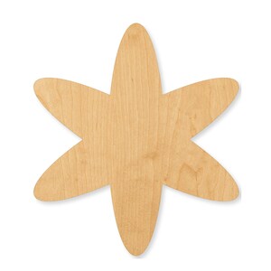 May include: A flat, light brown wooden cutout in the shape of a six-petaled flower or a star with rounded, elongated points. The surface displays a natural wood grain pattern with a smooth, matte finish and clean, laser-cut edges throughout.