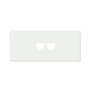 May include: A rectangular white stencil featuring a centered cutout in the shape of a pair of eyeglasses. The stencil has rounded corners and a smooth, flat surface, designed for creating a clear, defined outline of glasses on various surfaces.