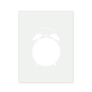May include: A white stencil featuring the silhouette of a classic twin-bell alarm clock. The design includes a circular clock face, two bells on top, a central hammer, and two small feet at the bottom, all presented as a flat graphic cutout.