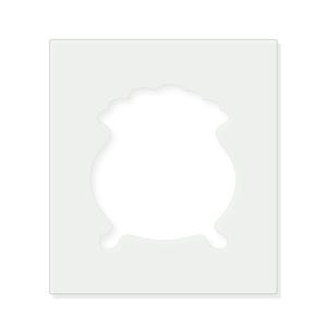 May include: A square, semi-transparent stencil sheet featuring a centered, die-cut silhouette of a cauldron. The cutout displays the rounded body, a wide rim with scalloped edges, and three small feet at the base of the cooking vessel shape.
