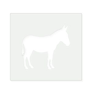 May include: A white stencil featuring the silhouette of a donkey standing in profile, facing right. The design is presented as a solid white shape against a light gray square background, showing the animal's ears, mane, and tail clearly.