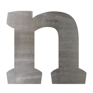 May include: A metal letter "n" in a lowercase font. The letter is a flat, gray color with a brushed metal texture. The background is plain white.