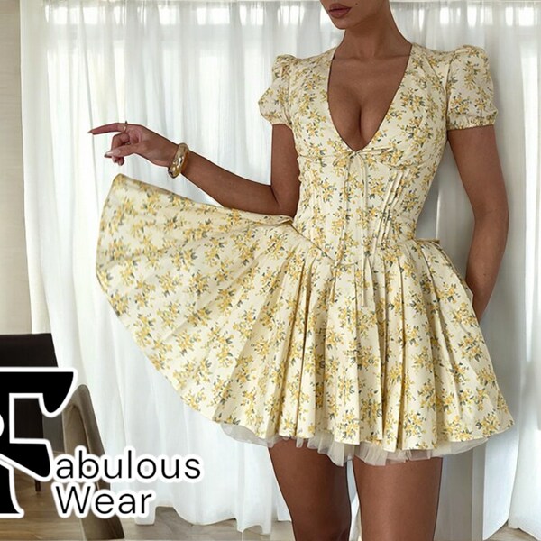 PUFF SLEEVE SHORT DRESS W BORDER