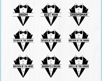 May include: A digital graphic bundle titled GROOMSMEN WEDDING SVG BUNDLE featuring nine black and white tuxedo jacket icons with bow ties. Each icon includes a horizontal line with text: GROOM, BEST MAN, GROOMSMAN, FATHER OF THE GROOM, FATHER OF THE BRIDE, BROTHER OF THE GROOM, BROTHER OF THE BRIDE, GROOM'S FRIEND, and UNCLE OF THE GROOM.