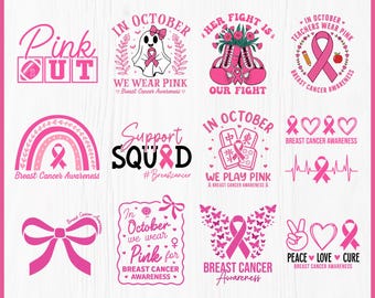 May include: A digital breast cancer awareness bundle featuring 15 pink graphic designs. Elements include ribbons, a ghost, boxing gloves, a rainbow, mahjong tiles, a butterfly, and text such as Pink Out, Support Squad, and In October We Wear Pink.