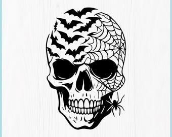 Gothic Skull SVG, Halloween Bat Skull PNG, Spooky Skull Cricut File, Spider Web Skull SVG, Horror Shirt Design