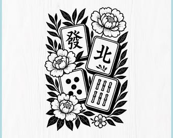 May include: Black and white digital download graphic featuring Mahjong tiles and floral elements. The design includes four tiles with Chinese characters and pips, surrounded by peony flowers and leaves. The text "DIGITAL DOWNLOAD" is at the top.