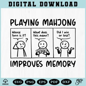 Può includere: Grafica digitale scaricabile in bianco e nero con la scritta "DOWNLOAD DIGITALE" in alto. La grafica recita "GIOCARE A MAHJONG MIGLIORA LA MEMORIA" con omini stilizzati e fumetti. Include icone di tipo di file: SVG, PNG, EPS, PDF e DXF.