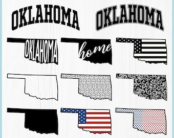 Peut inclure: Ensemble de graphiques numériques à télécharger avec divers contours de l'État de l'Oklahoma et le mot "OKLAHOMA" dans différentes polices. Comprend des contours avec le mot "home" et le drapeau américain. Formats : SVG, PNG, EPS, PDF et DXF.