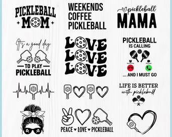 May include: A digital download graphic with various pickleball-themed designs in black and white. Text includes "Pickleball Mom," "Weekends Coffee Pickleball," "Pickleball Mama," and "Love Pickleball." Other graphics feature paddles, balls, and hearts.