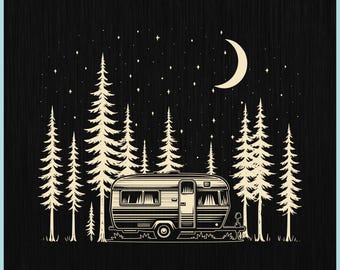 Kemping w kamperze (svg), życie na kempingu (png), kemping retro, minimalistyczny kemping, modny outdoor (png), zabawny cytat z kampera, życie jest lepsze przy ognisku