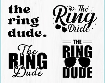 May include: Digital download of four different designs featuring the text "The Ring Dude" in black. The first design features the text in a simple font. The second design features the text in a cursive font with a diamond ring and sunglasses. The third design features the text in a cursive font with a diamond ring. The fourth design features the text in a bold font with sunglasses.