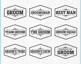 May include: A digital download file containing nine black and white hexagonal labels with decorative flourishes. The text includes Groom, Groomsman, Best Man, Team Groom, The Groom, Groom Squad, Groom's Tribe, Groom's Crew, and Father of the Groom.