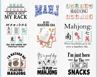 May include: Digital download graphic featuring various Mahjong-themed designs. Includes text like "Check Out My Rack," "Mahjong," and "I'd Rather Be Playing Mahjong." The designs incorporate Mahjong tiles and phrases.