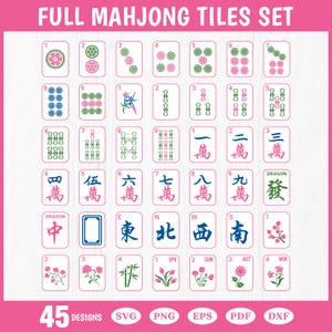 May include: A full mahjong tiles set featuring 45 designs in SVG, PNG, EPS, PDF, and DXF formats. The collection includes numbered tiles with bamboo, circle, and character motifs, along with dragon, wind, flower, and season tiles in pink, green, and blue.
