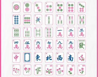 May include: A full mahjong tiles set featuring 45 designs in SVG, PNG, EPS, PDF, and DXF formats. The collection includes numbered tiles with bamboo, circle, and character motifs, along with dragon, wind, flower, and season tiles in pink, green, and blue.
