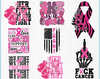 May include: Digital download featuring multiple designs with pink ribbons and text related to cancer awareness. Includes boxing gloves, a ribbon with flowers, and phrases like "Her Fight Is Our Fight" and "F*ck Cancer."