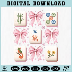 Könnte beinhalten: Digitaler Download mit Mahjong-Steinen mit Illustrationen von Bambus, Kreisen und einem Vogel. Rosa Schleifen und Schneeflocken umgeben die Steine. Der Text "DIGITAL DOWNLOAD" steht oben.