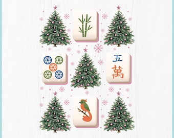 May include: Digital download graphic featuring Christmas trees and Mahjong tiles. The trees are decorated with pink ornaments and a star on top. The Mahjong tiles have various designs, including bamboo, circles, and a bird. The text "DIGITAL DOWNLOAD" is at the top.