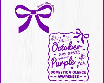 May include: A purple graphic design featuring a large awareness ribbon and a rectangular frame with the text In October we wear Purple for DOMESTIC VIOLENCE AWARENESS, accompanied by icons of hands, a dove, a broken chain, and a megaphone.