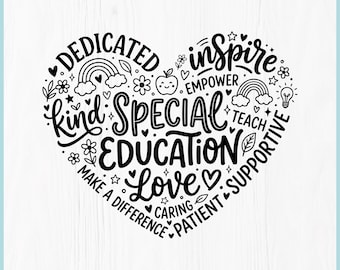 May include: A black and white digital download graphic featuring a heart shape filled with words related to special education. The words include "Dedicated", "Inspire", "Kind", "Special Education", "Love", and "Supportive". The design includes illustrations of a rainbow, clouds, flowers, and stars.