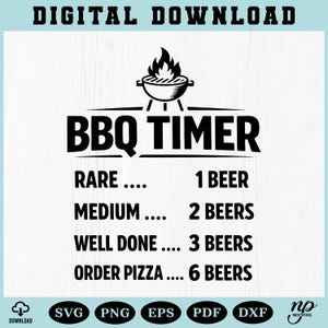 May include: A black and white digital download graphic with the text "BBQ TIMER" above a grill illustration. The timer suggests beer consumption levels: Rare - 1 beer, Medium - 2 beers, Well Done - 3 beers, Order Pizza - 6 beers.