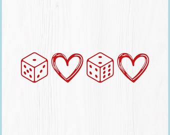 May include: Digital download graphic featuring two red dice and two red hearts on a white background. The dice show the numbers one, two, and five. The text "DIGITAL DOWNLOAD" is at the top.