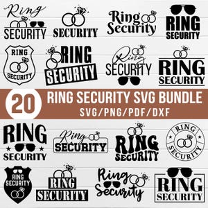 May include: A set of 20 black and white SVG cut files featuring the text "Ring Security" in various styles and designs. The designs include rings, sunglasses, and a shield. The text "20 Ring Security SVG Bundle" and "SVG/PNG/PDF/DXF" is also included.