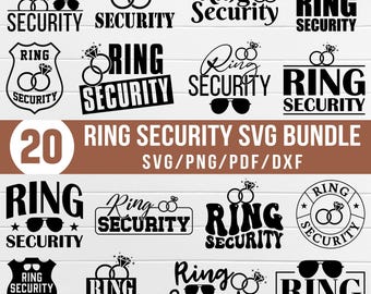 May include: A set of 20 black and white SVG cut files featuring the text "Ring Security" in various styles and designs. The designs include rings, sunglasses, and a shield. The text "20 Ring Security SVG Bundle" and "SVG/PNG/PDF/DXF" is also included.