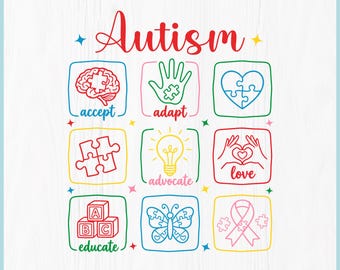 May include: Digital download graphic with the word "Autism" in red script. The design includes colorful squares with images of a brain, hand, puzzle pieces, lightbulb, hands forming a heart, building blocks, a butterfly, and a ribbon.