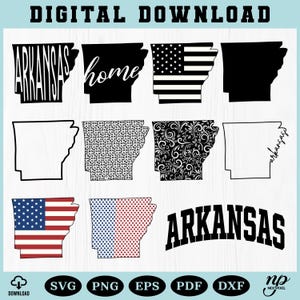Arkansas State Outline SVG-bundel: bloemen en vlagontwerpen (digitale download)