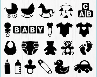 May include: Black and white digital download featuring baby-themed icons. Includes a stroller, rocking cradle, rocking horse, mobile, blocks, rattle, the word BABY, safety pin, onesies, bib, diaper, teddy bears, footprints, bottles, pacifier, safety pin, duck, and car.
