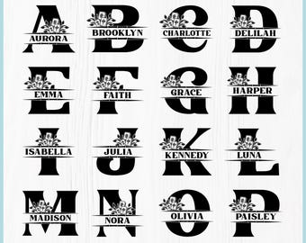 May include: A digital graphic set titled A-Z MAHJONG MONOGRAM featuring black uppercase letters A through P. Each letter includes a split design with a mahjong tile and leaf illustration above a horizontal line containing a name in capital letters.