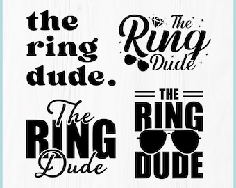 May include: A digital graphic design set featuring the text RING DUDE DESIGNS at the top and four variations of the phrase The Ring Dude in black font. The designs include icons of a diamond, stars, and aviator sunglasses, with file formats listed below.