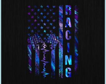 May include: Digital download graphic featuring an American flag design with a racing theme. The flag is rendered in shades of blue, purple, and white, with stars and stripes. The word "RACING" is vertically displayed. Checkered flags and a heartbeat line are also included.