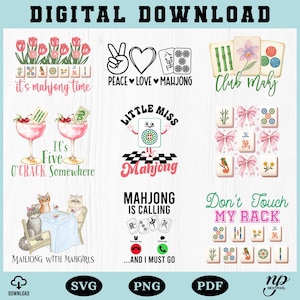 Puede incluir: Un gráfico de descarga digital con varios diseños temáticos de Mahjong. La imagen incluye texto como "It's Mahjong Time", "Peace Love Mahjong" y "Don't Touch My Rack". Otros gráficos incluyen fichas de Mahjong, cócteles y personajes de dibujos animados.
