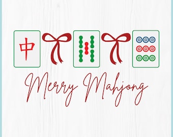May include: Digital download graphic featuring Mahjong tiles with red bows and the text "Merry Mahjong" in a script font. The tiles are green and white with red and blue accents. The top of the image reads "DIGITAL DOWNLOAD".