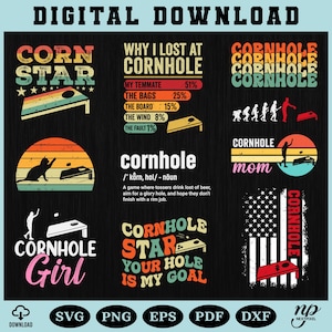 Puede incluir: Gráfico de descarga digital con diseños temáticos de cornhole. Incluye texto como "Corn Star", "Why I Lost at Cornhole" y "Cornhole Girl". Los diseños incorporan tableros de cornhole, siluetas y la bandera estadounidense. La paleta de colores incluye rojo, naranja, amarillo y negro.