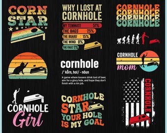 May include: Digital download graphic featuring various cornhole-themed designs. Includes text like "Corn Star," "Why I Lost at Cornhole," and "Cornhole Girl." Designs incorporate cornhole boards, silhouettes, and the American flag. The color palette includes red, orange, yellow, and black.