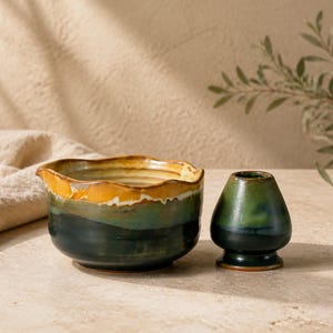 One of a Kind Wavy Rim Matcha Bowl with Chasen Holder, Amber Green or Saffron Blue Ceramic Chawan, Choose Style