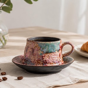 Op de afbeelding: Een keramische koffiekop en schotel set met een textuurrijk, gevlekt glazuur in tinten roze, groenblauw en donkerbruin. De kop heeft een afgerond oortje en een brede rand, terwijl de schotel een bijpassende donkerbruine basis en een ruw oppervlak heeft.