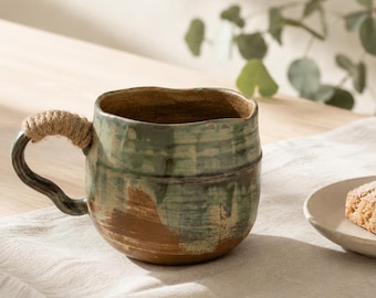 May include: A handmade ceramic mug with a rounded body, featuring a green and brown glazed finish and a dark handle wrapped in natural jute rope. Beside the mug sits a small, off-white ceramic plate holding a single square-shaped baked pastry.