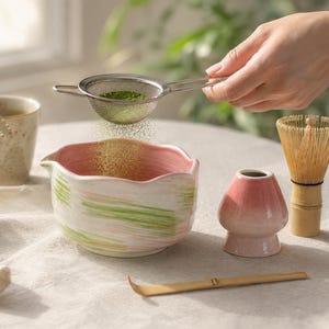 パステルピンクとグリーンのセラミック抹茶セット、波型縁の茶碗、注ぎ口付き、陶器製茶筅ホルダー、かわいい抹茶好きへのギフトセット